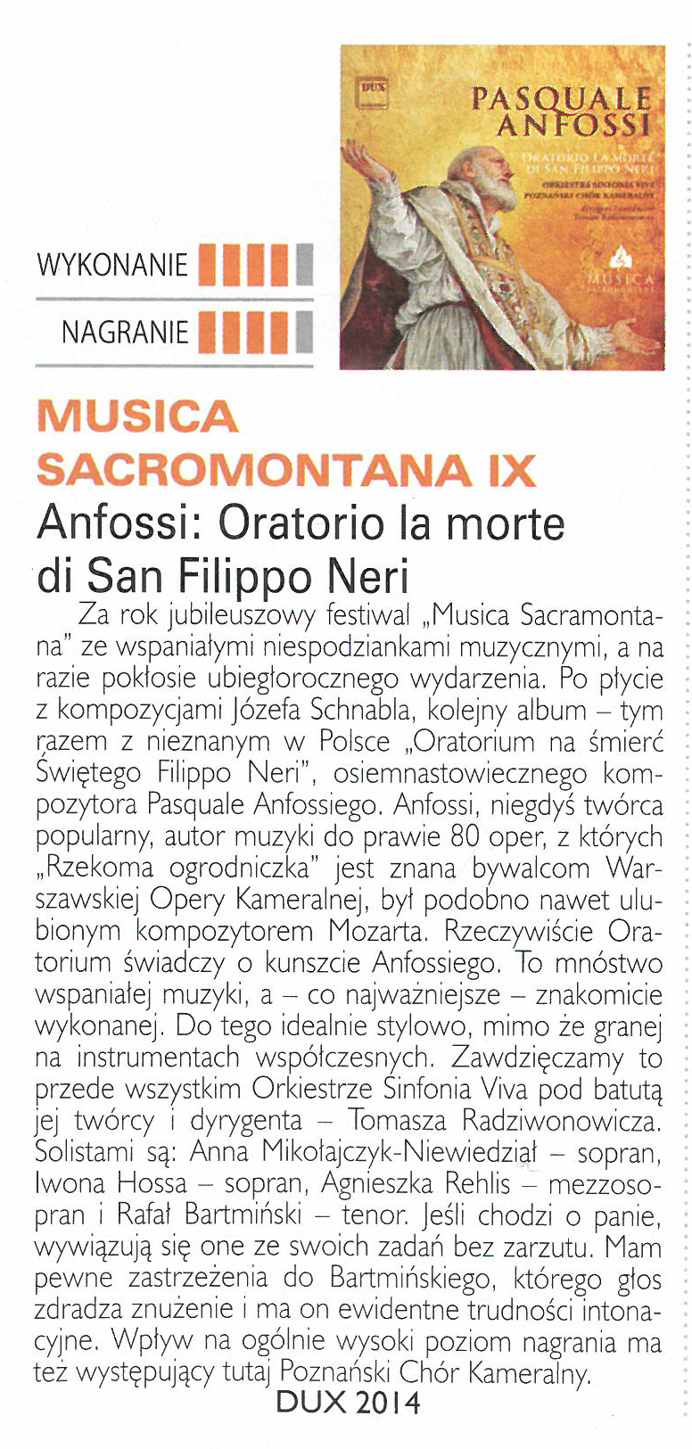 Recenzja płyty PASQUALE ANFOSSI - MUSICA SACROMONTANA IX, AUDIO 10/2014